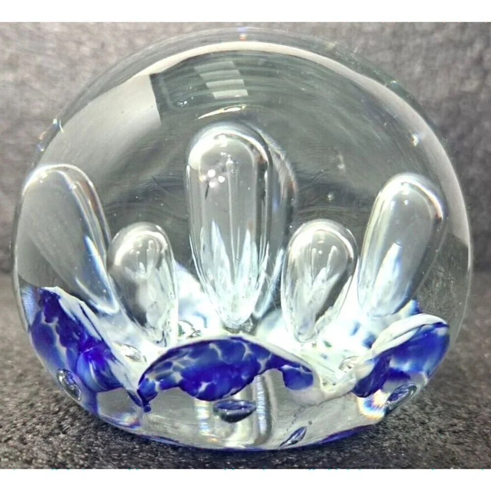 Unbranded Glass Paperweight White Blue Clear Controlled Bubbles Polished Bottom